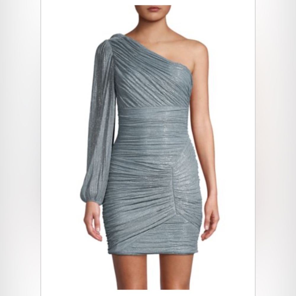 BCBGMAXAZRIA Womens One Shoulder Metallic Blue Ruched Mini Dress Size XXS
